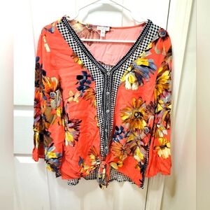 Spense Floral Blouse with Gingham Trim